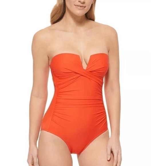 CALVIN KLEIN Women's Split-Neck Bandeau Removable-Strap Tummy-Control Swimsuit - Picture 1 of 13